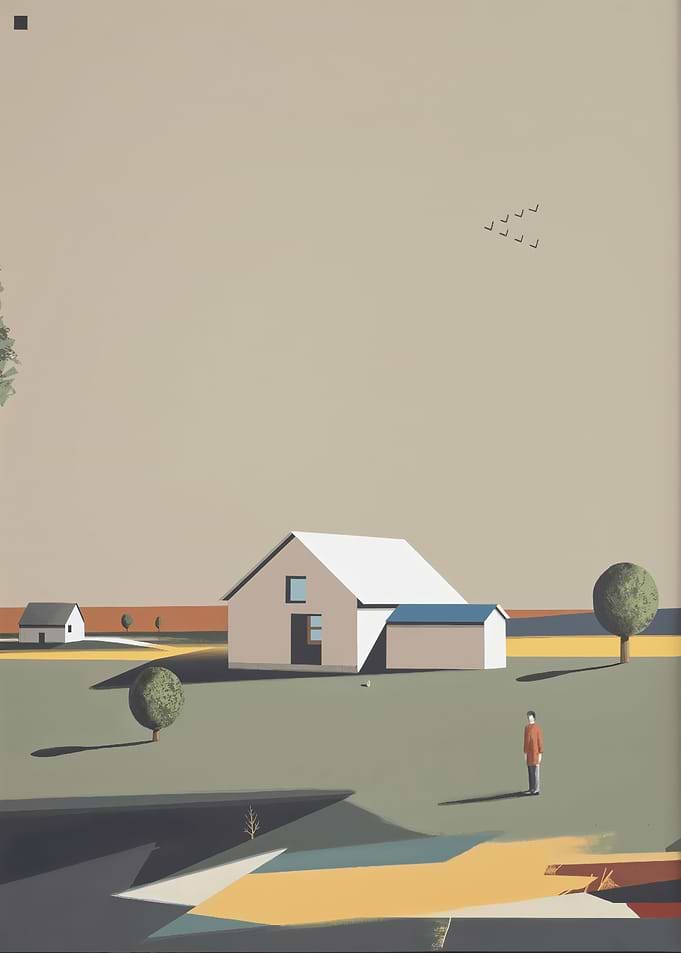 Minimalist Landscape with House and Figure