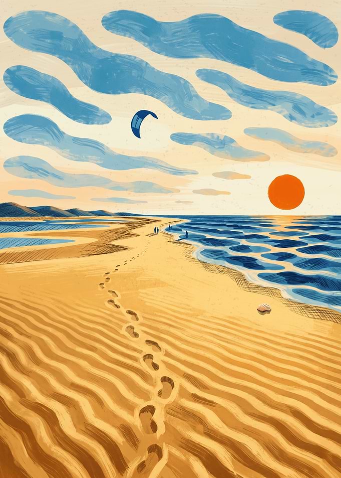 Footprints In Sand Beach Sunset Landscape