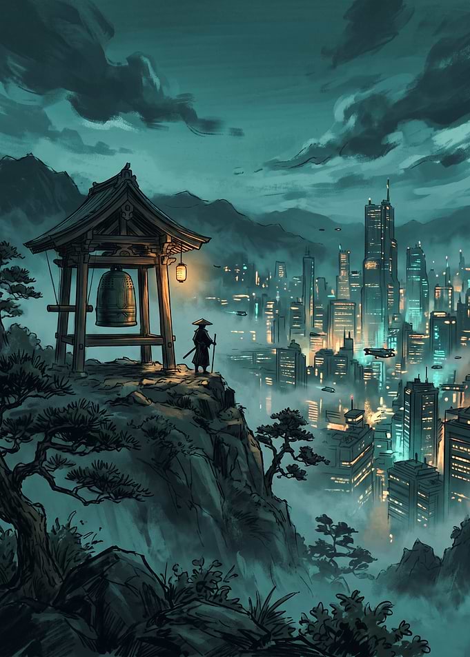 Samurai overlooking a futuristic city