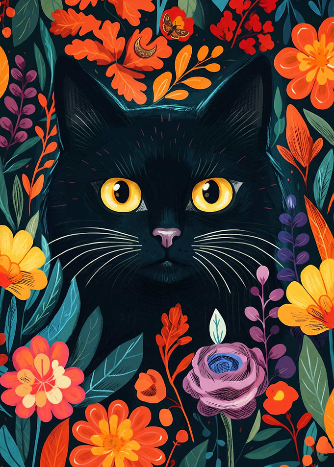 Black Cat In Colorful Floral Garden