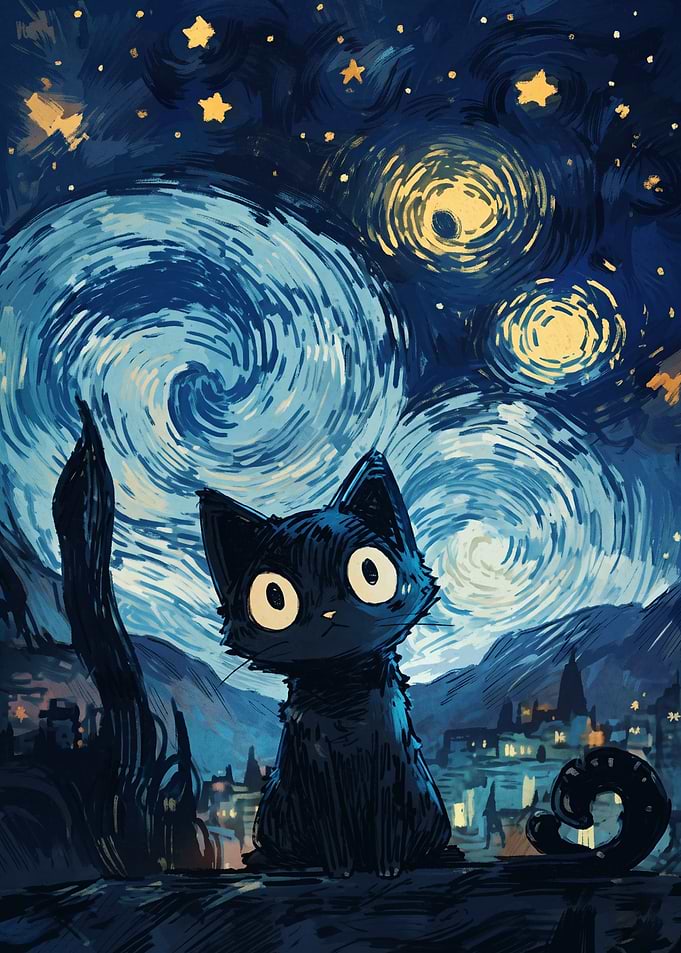 Black Cat Starry Night Impressionist Art