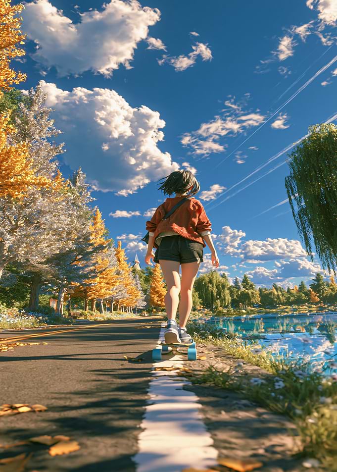 ANime Girl skateboarding on a sunny path