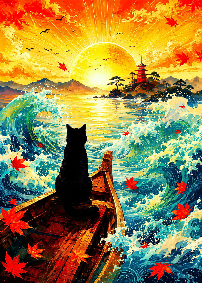 Black Cat Sailing Toward Japanese Temple