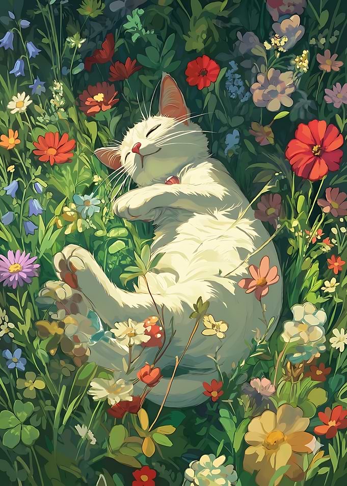 White Cat Sleeping in Wildflowers