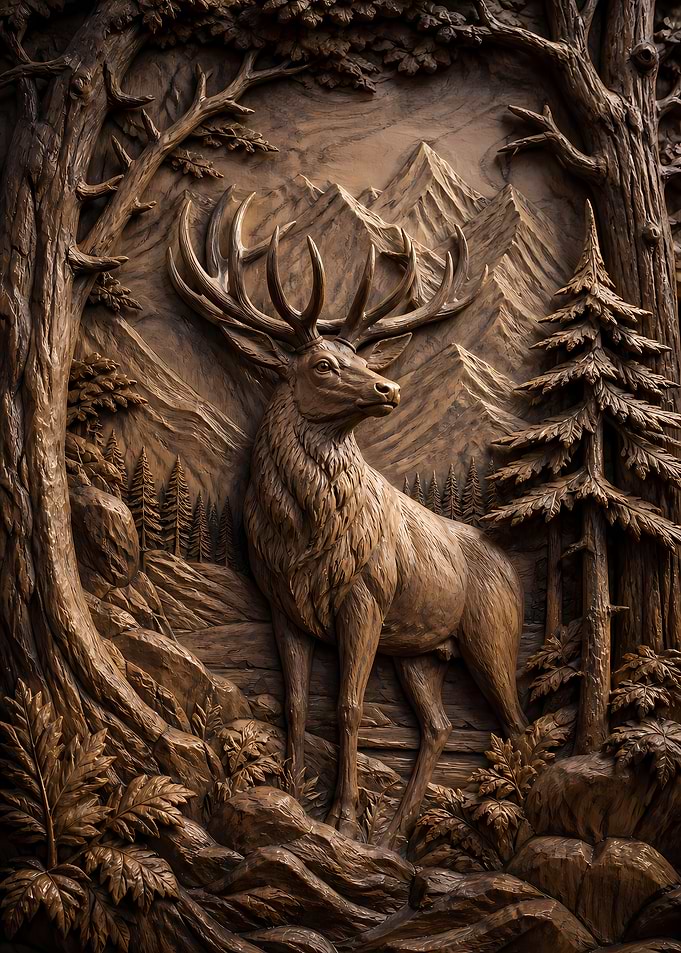 2528 Carved Stag in Woodland