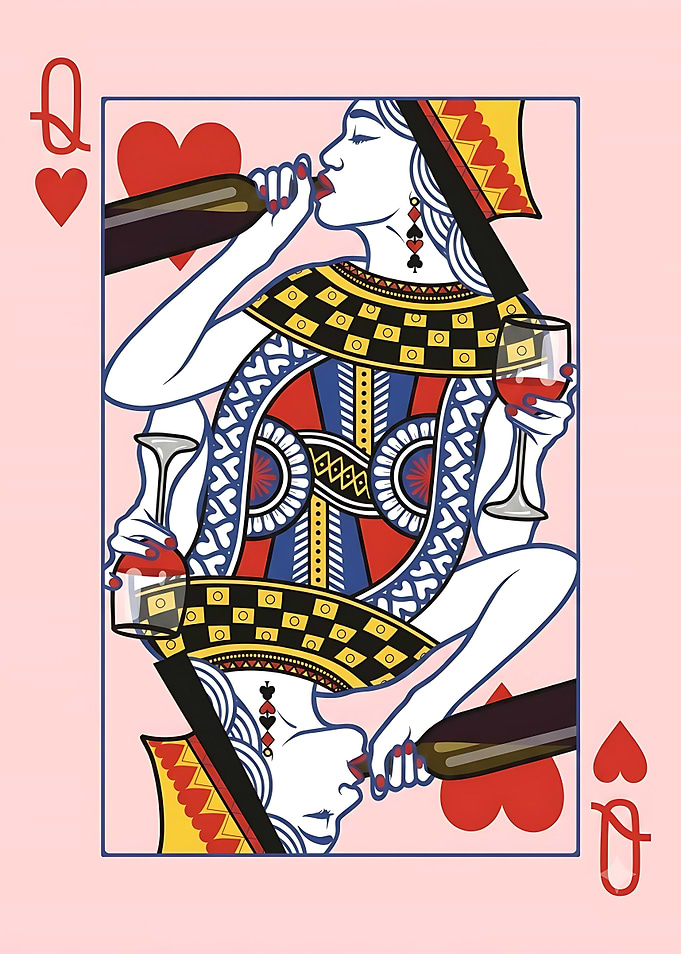 Queen of Hearts Drinking Wine Card