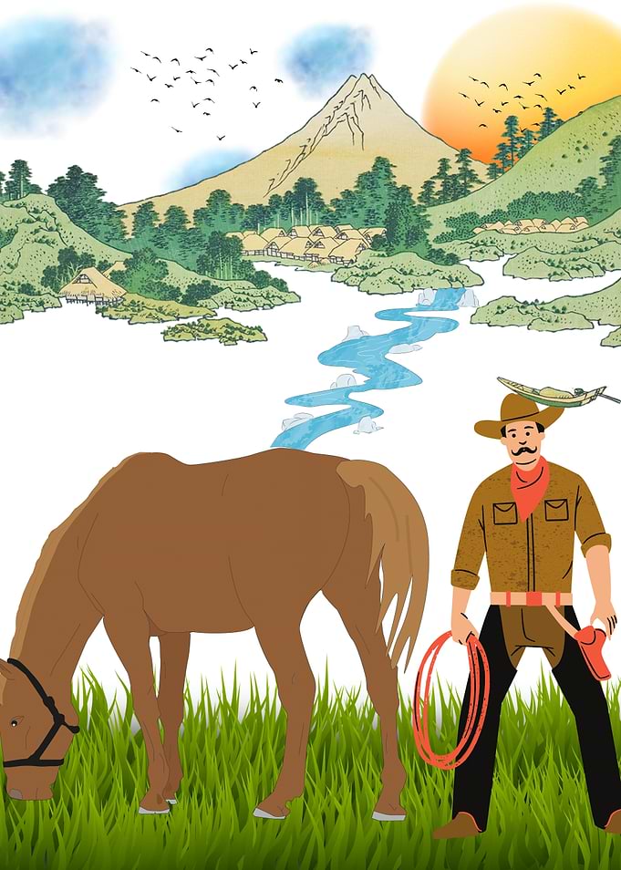 Cowboy and Horse in Japanese Landscape
