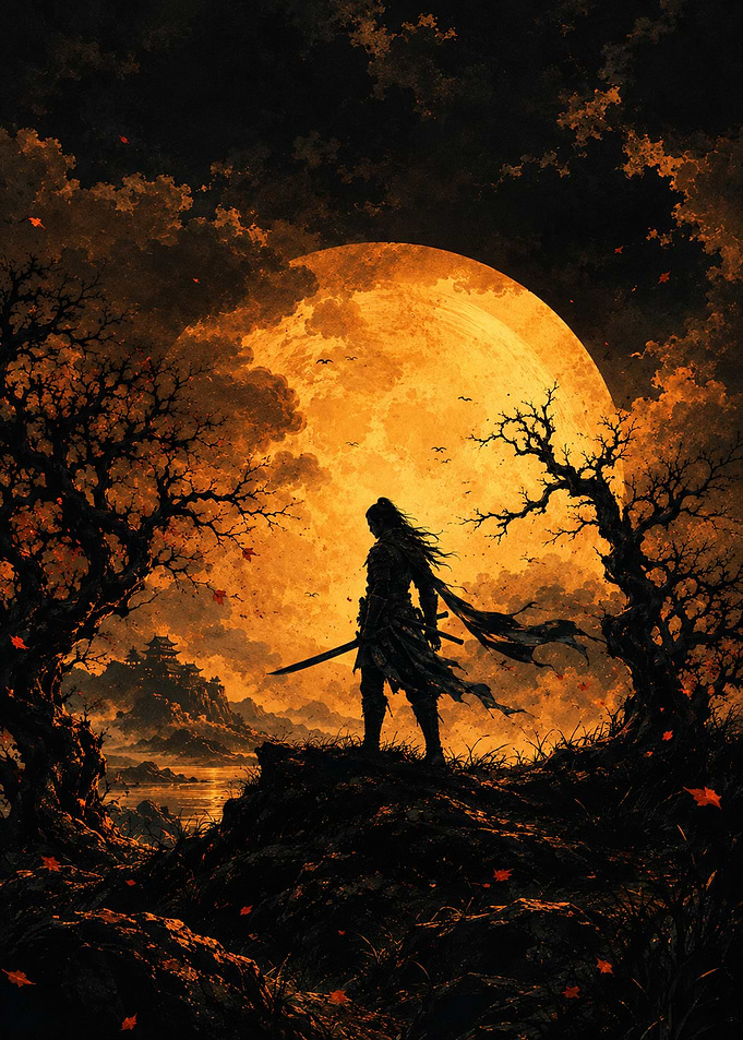 Samurai Silhouette Under Golden Moon