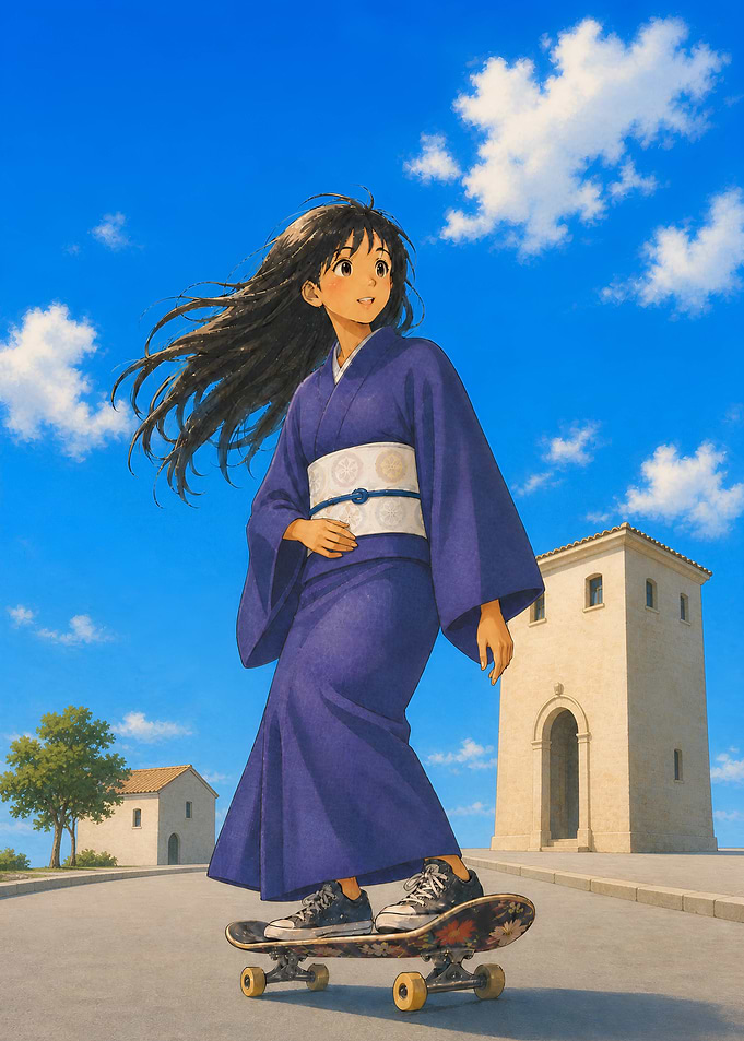 Anime Girl Skateboarding in Kimono