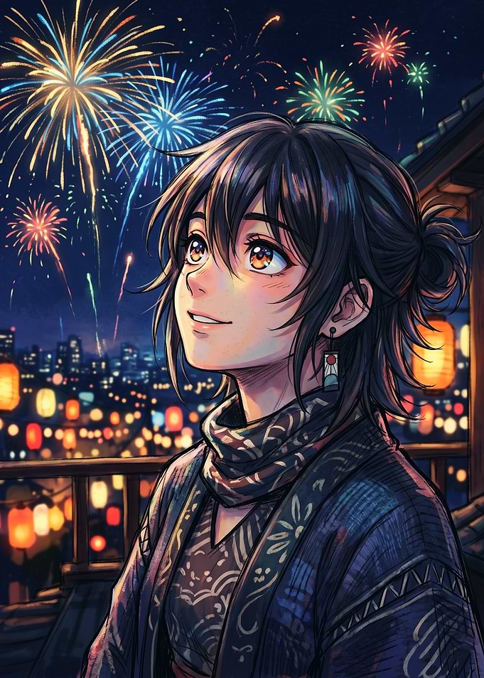 Anime Character Watching Fireworks Display