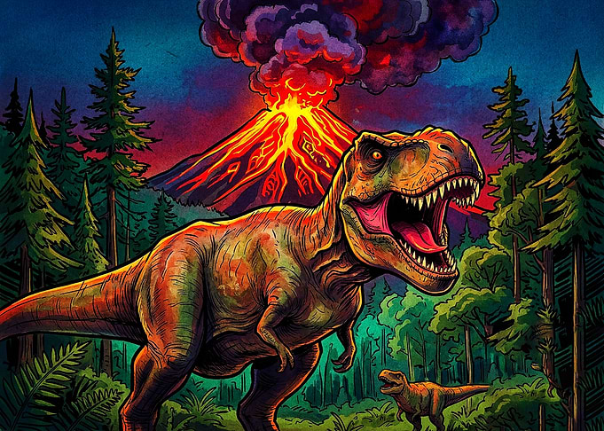 T-Rex Roaring Before Volcanic Eruption