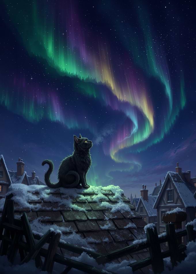 Black Cat Watching Northern Lights
