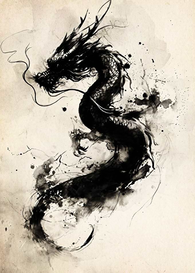 Black Ink Wash Style Dragon