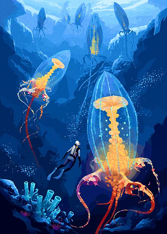 Diver Encountering Bioluminescent Deep Sea Creatures