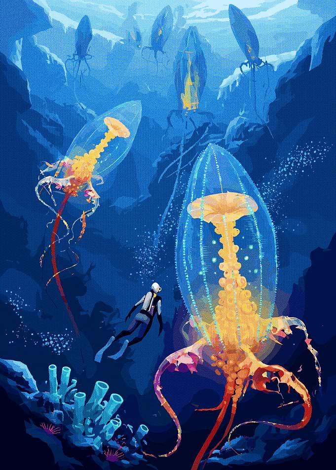Diver Encountering Bioluminescent Deep Sea Creatures