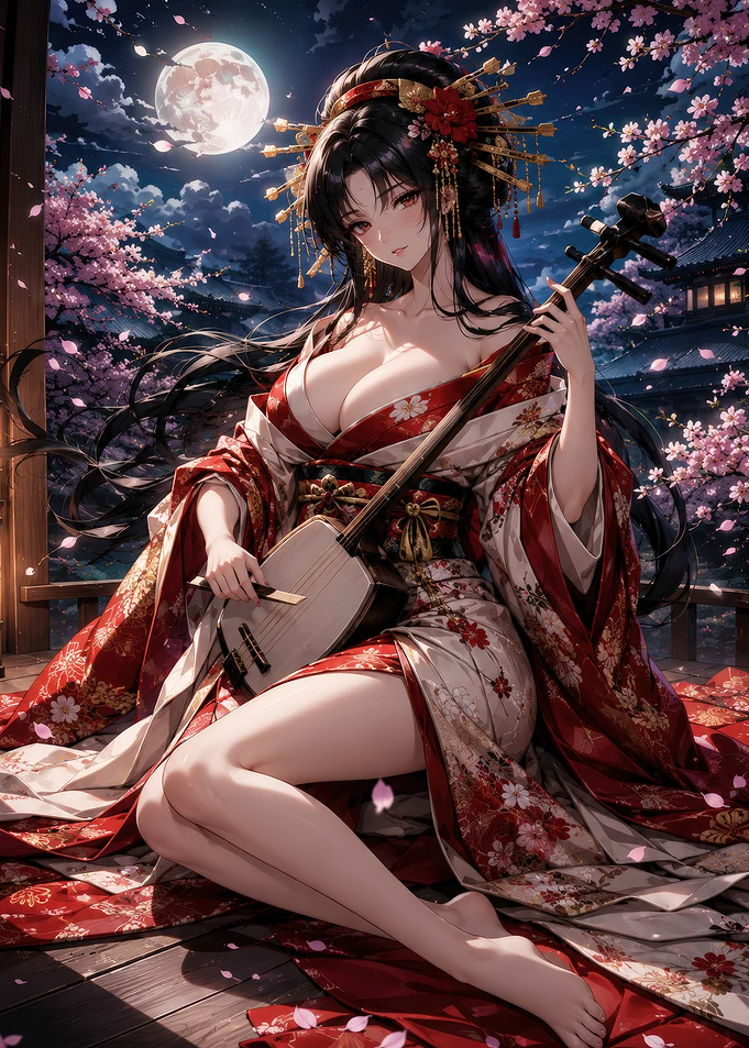 Beautiful Geisha Playing Shamisen Under Moon