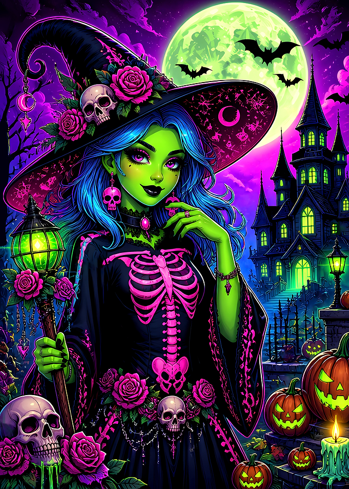 Neon Halloween Witch with Skeleton Dress