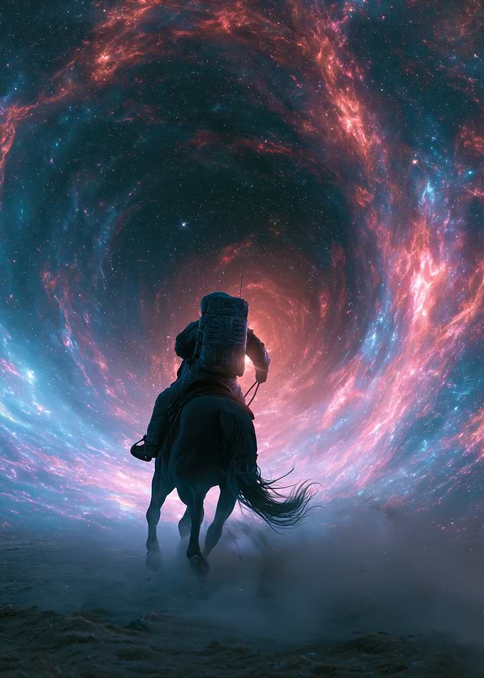 Astronaut Riding Horse Through Cosmic Portal
