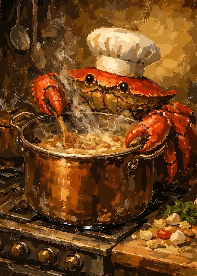 Crab Chef Cooking in Kitchen