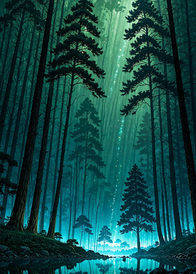Enchanted Forest with Glowing Light Beam Landscape