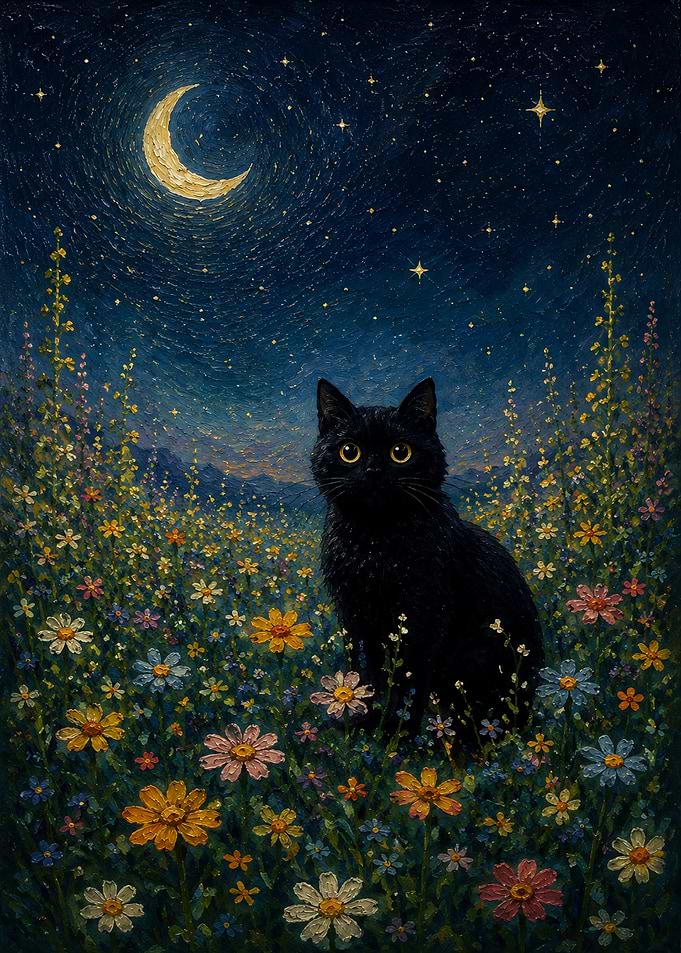 Black Cat in Starry Flower Field