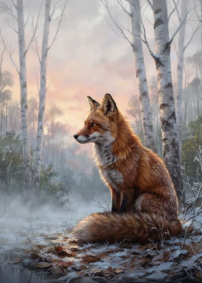 Red Fox in Snowy Birch Forest