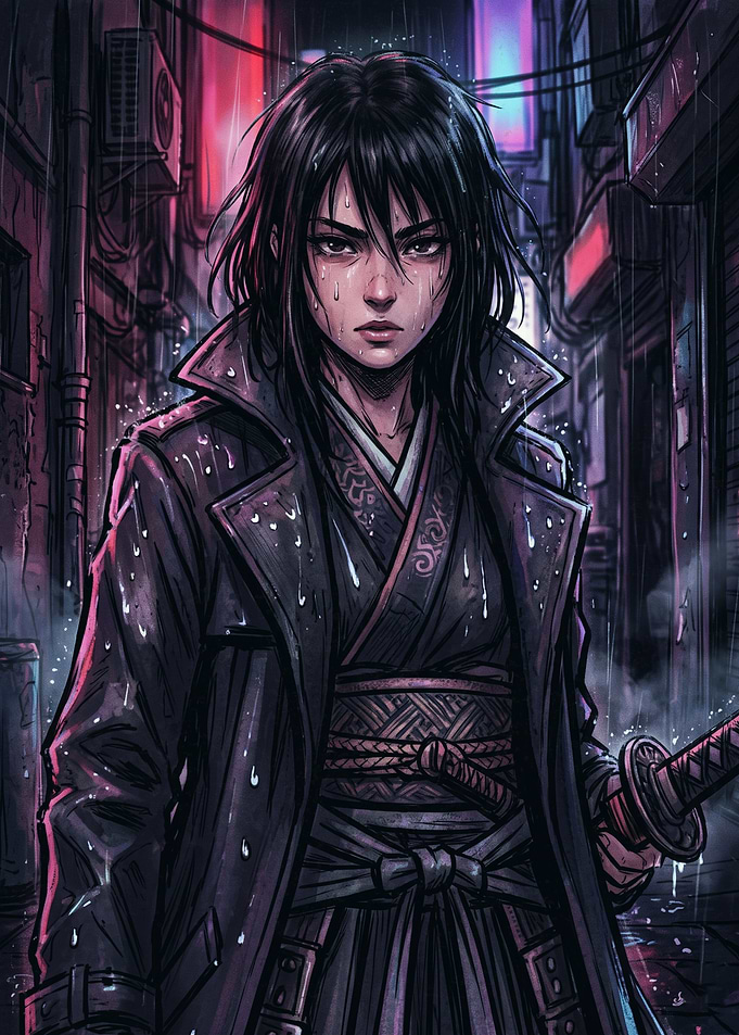 Cyberpunk Samurai in Rainy Alley