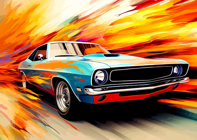 Abstract Speeding Blue Muscle Car