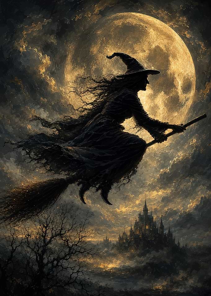 Witch Flying Past Full Moon