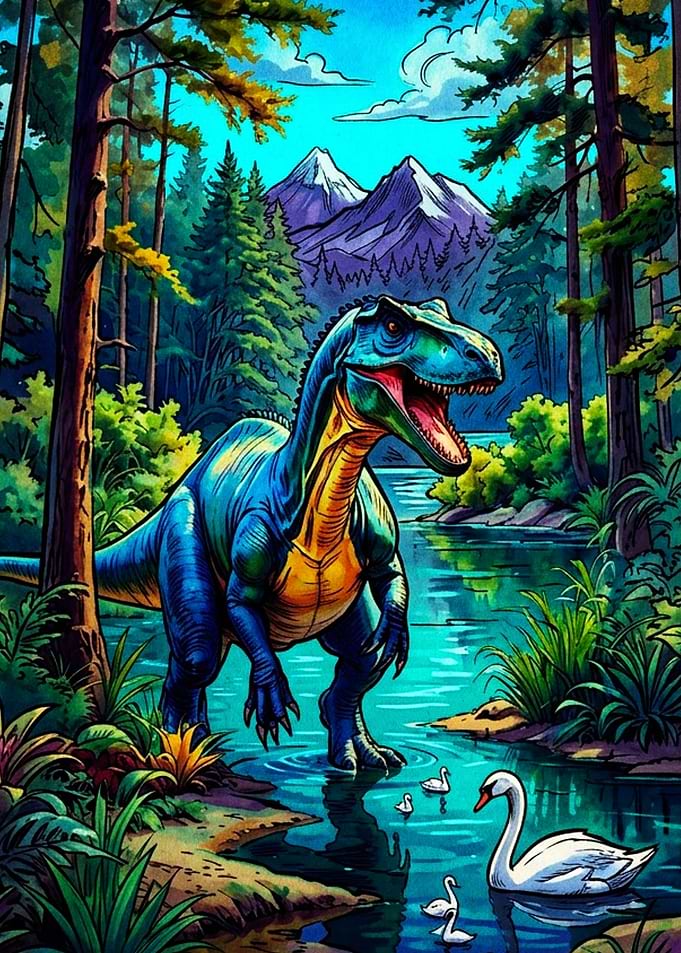 Dinosaur Encountering Swans in Nature