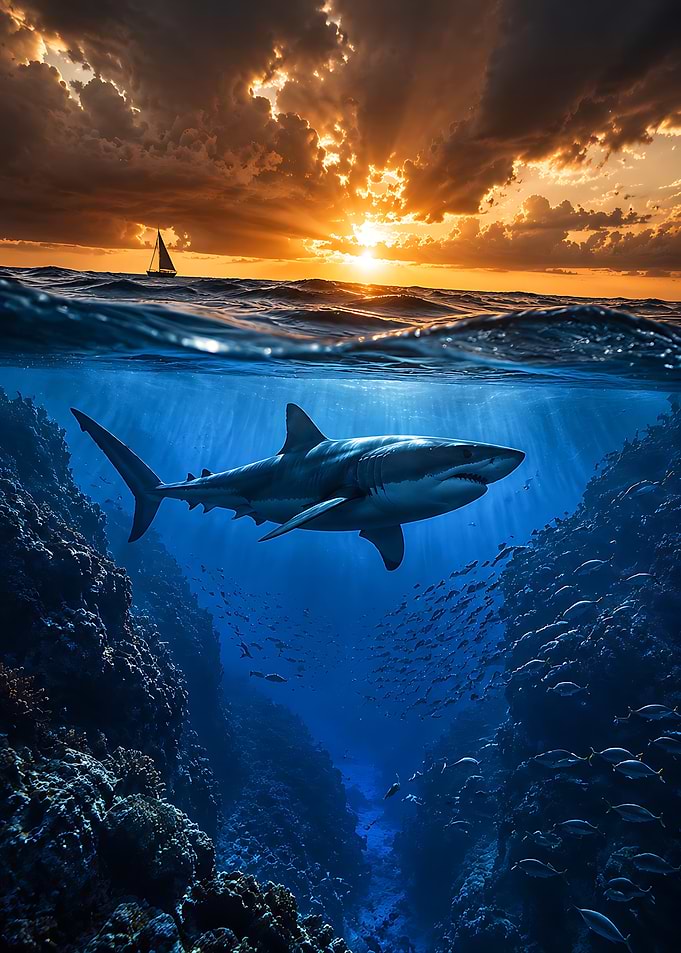 Great White Shark in Ocean Sunset