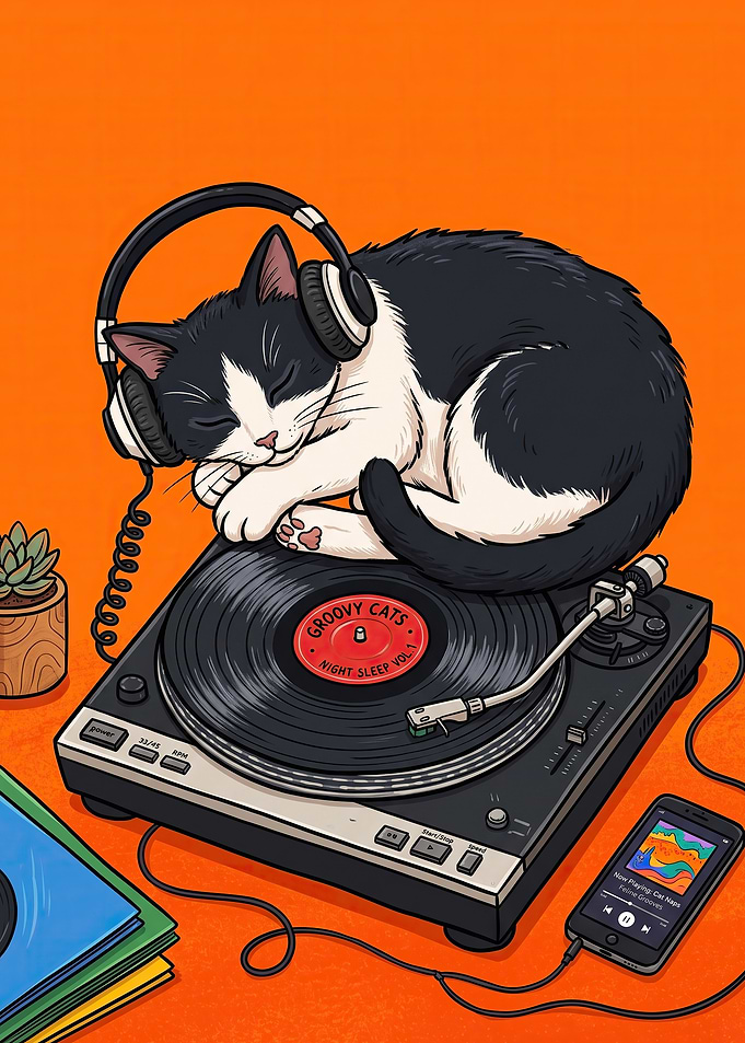 Cat Sleeping on a Vinyl Record Player