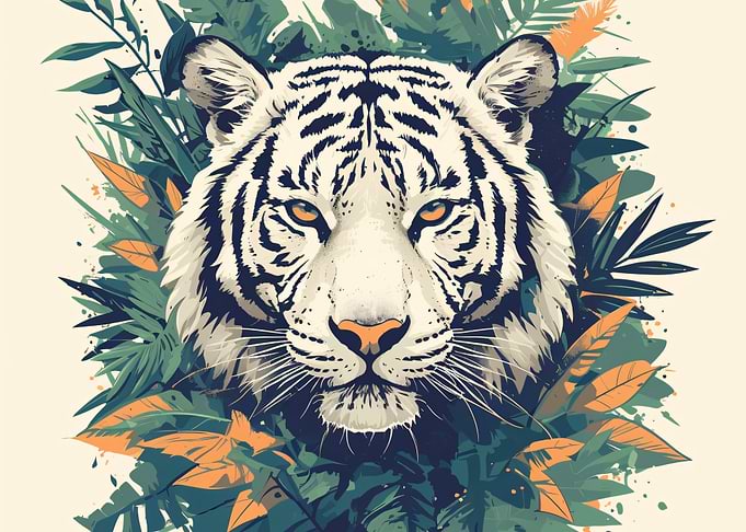 White Tiger Portrait in Jungle Foliage