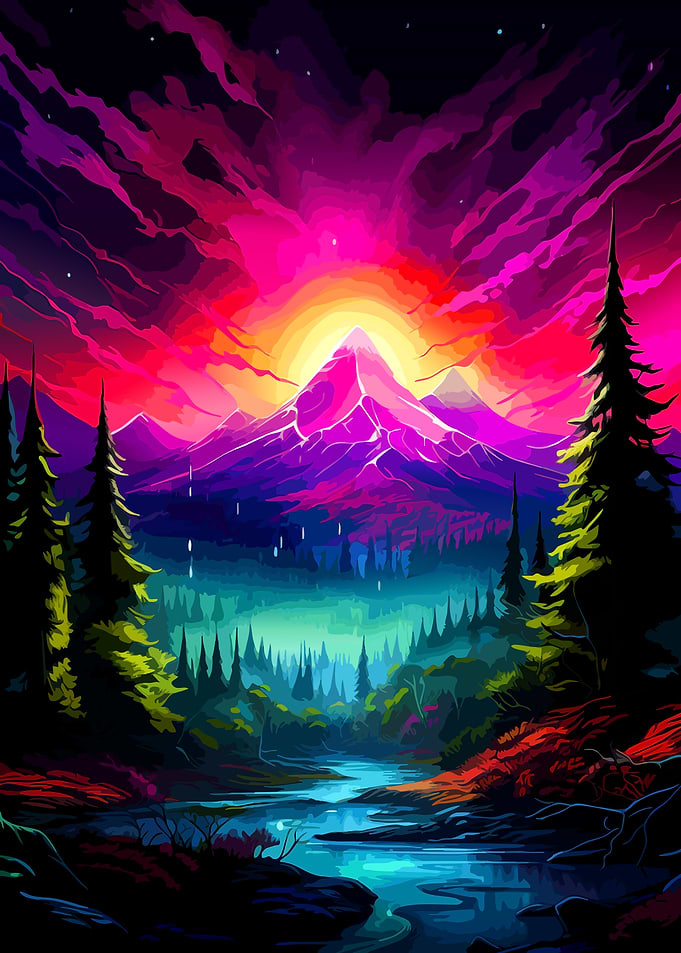 Vibrant Neon Mountain Sunset Landscape