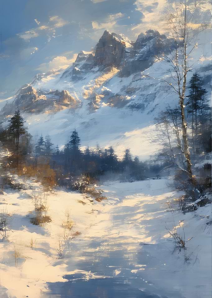 Snowy Mountain Landscape at Sunset