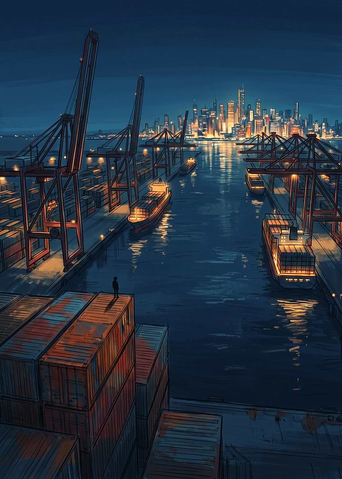 Lone Figure Overlooking Industrial Port