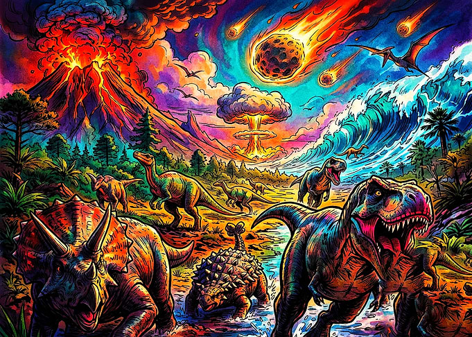 Vibrant Dinosaur Extinction Event Illustration