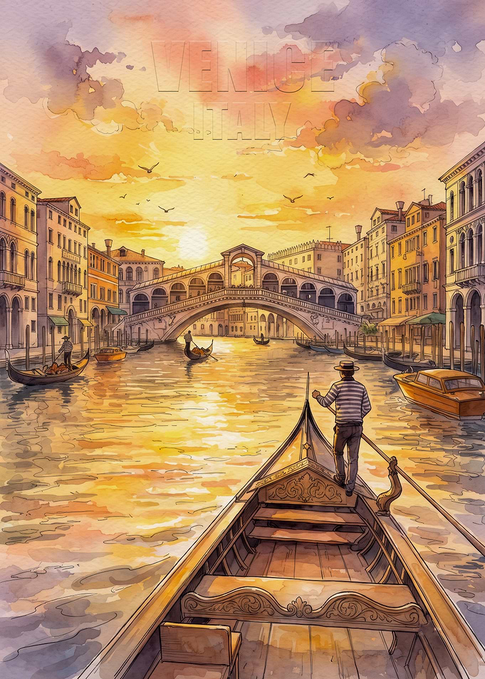 Watercolor Sunset Gondola Ride in Venice