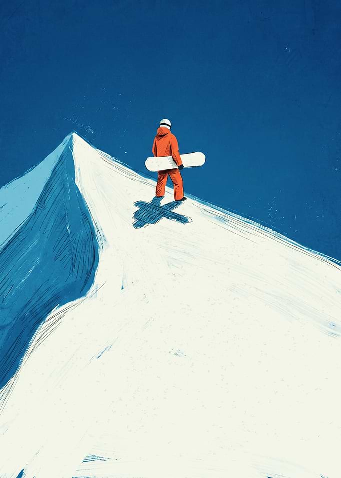 Minimalist Snowboarder On Alpine Peak
