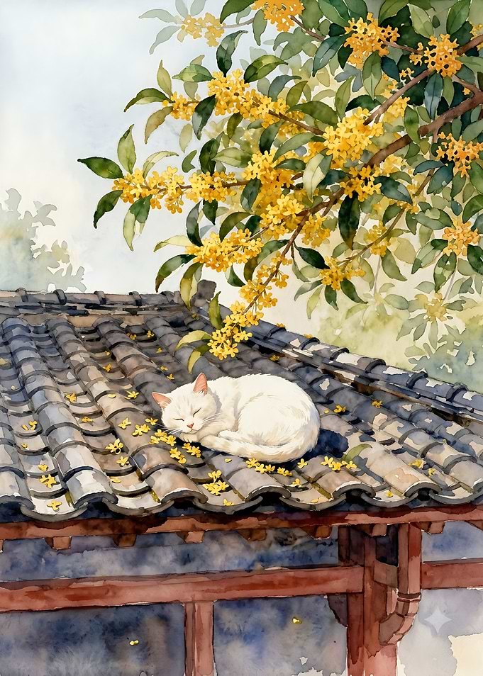 White Cat Sleeping on Tiled Roof