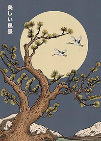 Moonlit Cranes and Ancient Pine