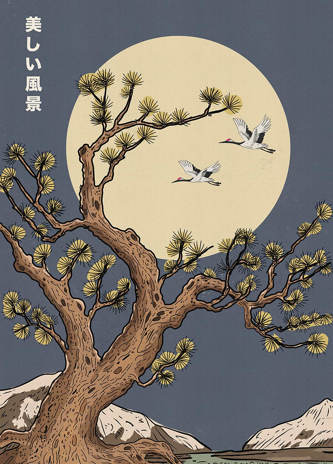 Moonlit Cranes and Ancient Pine