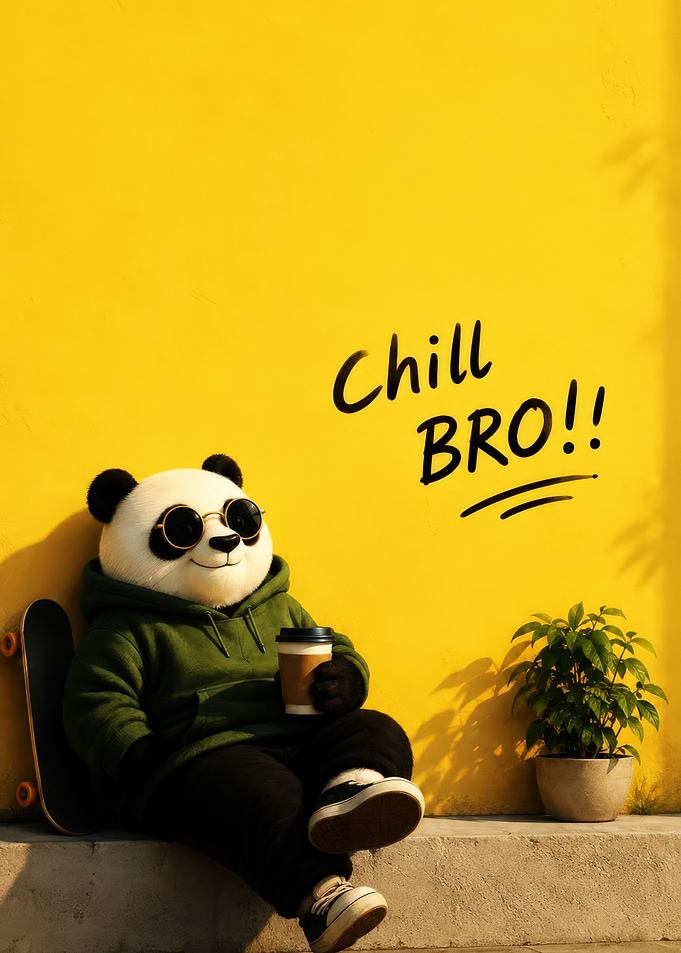 Chill Panda with Coffee and Skateboard