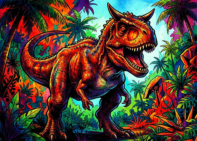 Vibrant Psychedelic Carnotaurus Dinosaur Art