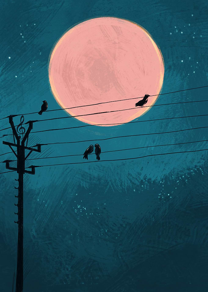 Pink Moon Telephone Pole Birds Art