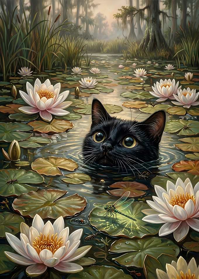 Black Cat Swimming in Lily Pond