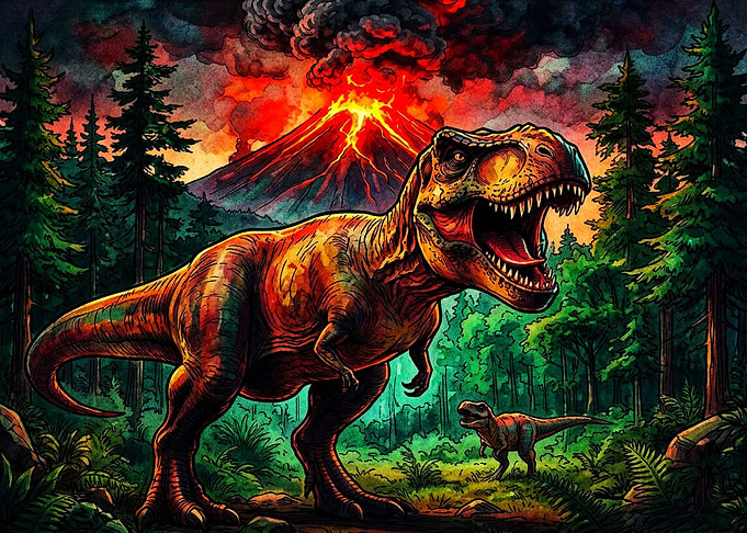 T-Rex Roaring Before Volcanic Eruption