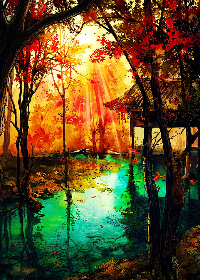 Autumn Forest Pond with Traditional Pavilion
