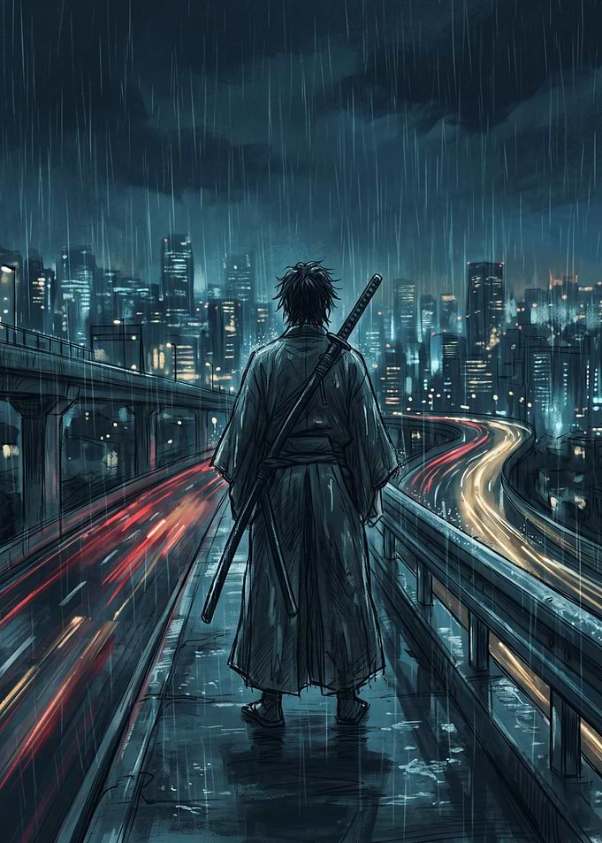 Samurai Standing on Rainy City Highway