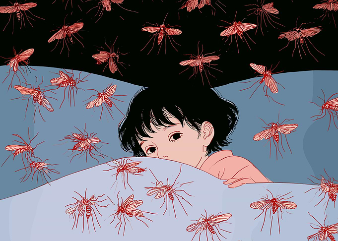 Girl Hiding from Mosquito Swarm